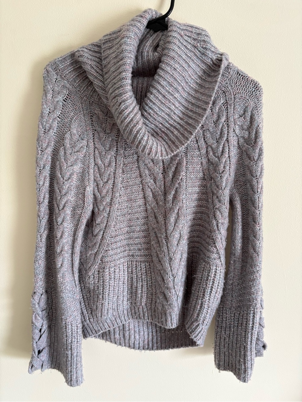 Express Marled Grey Cowl Neck Bell Sleeves Cable Knit Sweater Size XS Wool Blend